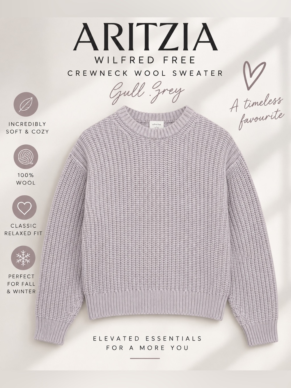 NWOT Aritzia Wilfred Free 100% Wool Sweater Gull Grey Size S